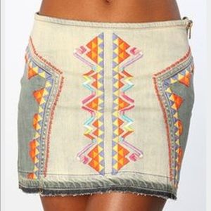 Free people Aztec embroidered denim skirt